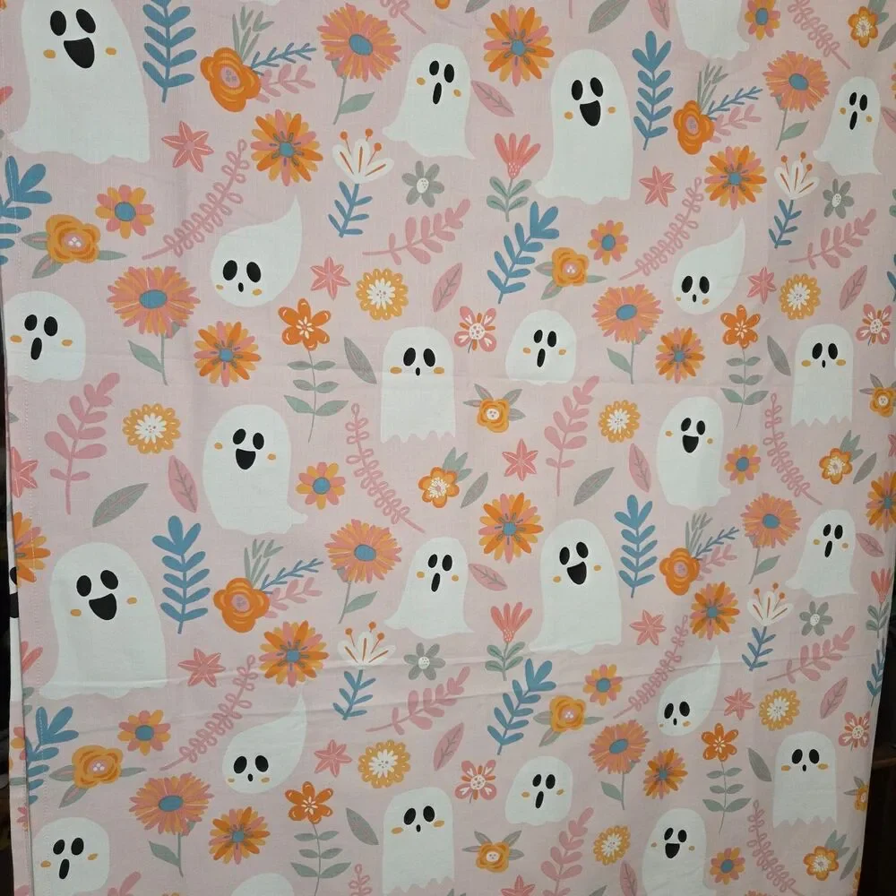 Cute Pink Floral Ghost Shower Curtain Halloween Bathroom Decor Retro Spooky Boho